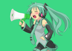 Rule 34 | 1girl, artist request, bare shoulders, blush, closed eyes, cosplay, detached sleeves, dorinko, female focus, frown, green background, green hair, hatsune miku, hatsune miku (cosplay), headphones, headset, hiiragi kagami, long hair, lucky star, megaphone, microphone, necktie, open mouth, pleated skirt, shouting, simple background, skirt, solo, twintails, vocaloid