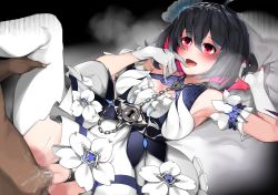 Rule 34 | 1boy, 1girl, ahoge, armpits, bad id, bad pixiv id, bed sheet, black hair, black panties, blush, censored, chain, cum, cum in pussy, dark-skinned male, dark skin, finger to mouth, flower, gimnang, gloves, hair between eyes, hair ornament, hetero, highres, honkai (series), honkai impact 3rd, leg grab, lock, looking at another, lying, missionary, multicolored hair, on back, open mouth, panties, penis, pussy, red eyes, red hair, saliva, seele (alter ego), seele vollerei, seele vollerei (stygian nymph), sex, sheet grab, solo focus, sweat, thighhighs, torn clothes, torn panties, two-tone hair, underwear, vaginal, white gloves, white thighhighs