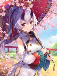 Rule 34 | 1girl, blue sky, blurry, blurry background, blurry foreground, blush, branch, cherry blossoms, china dress, chinese clothes, closed mouth, cloud, commentary request, day, depth of field, detached sleeves, dress, fate/grand order, fate (series), flower, gradient background, hair between eyes, hair ribbon, heroic spirit traveling outfit, high ponytail, hitsukuya, holding, holding umbrella, horns, long hair, long sleeves, oil-paper umbrella, oni, oni horns, outdoors, petals, pink background, pink flower, ponytail, railing, red eyes, red ribbon, red umbrella, ribbon, sidelocks, silver hair, sky, sleeveless, sleeveless dress, smile, solo, tomoe gozen (fate), tomoe gozen (traveling outfit) (fate), umbrella, very long hair, white background, white dress, white sleeves, wide sleeves