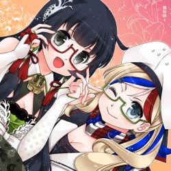 Rule 34 | 10s, 2girls, anchor, beret, bespectacled, black eyes, black hair, blonde hair, blue eyes, blue hair, bridal gauntlets, commandant teste (kancolle), dress, dutch angle, glasses, green dress, hair ornament, hair ribbon, hair tubes, hat, hinaco, kantai collection, long hair, looking at viewer, mizuho (kancolle), multicolored clothes, multicolored hair, multicolored scarf, multiple girls, one eye closed, plaid, plaid scarf, pom pom (clothes), red hair, ribbon, scarf, sidelocks, streaked hair, white hair