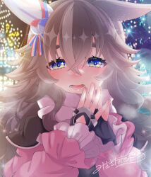 Rule 34 | absurdres, animal ears, blue eyes, blush, city lights, fingerless gloves, gloves, grey hair, hair between eyes, hair ornament, heavy breathing, highres, horse ears, horse girl, kaibun dou, looking at viewer, open mouth, own hands clasped, own hands together, portrait, signature, thick eyebrows, umamusume, wonder acute (umamusume)