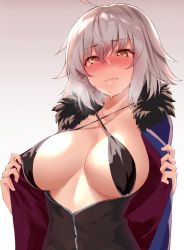 Rule 34 | 1girl, absurdres, ahoge, bikini, bikini top only, black bikini, black dress, blue coat, blush, breasts, breasts out, cleavage, coat, collarbone, dress, fate/grand order, fate (series), fur-trimmed coat, fur trim, hair between eyes, halterneck, highres, jeanne d&#039;arc (fate), jeanne d&#039;arc alter (fate), jeanne d&#039;arc alter (ver. shinjuku 1999) (fate), large breasts, looking at viewer, official alternate costume, open clothes, open coat, short hair, shunichi, silver hair, solo, sweat, swimsuit, wicked dragon witch ver. shinjuku 1999, yellow eyes