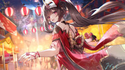 Rule 34 | 1girl, :d, back, back tattoo, bare shoulders, black collar, brown hair, circle facial mark, collar, criss-cross back-straps, detached sleeves, dress, eric (tianqijiang), festival, fireworks, fox mask, from behind, holding, holding toy, honkai: star rail, honkai (series), japanese clothes, kendama, long hair, looking at viewer, market stall, mask, mask on head, nail polish, open mouth, red dress, red eyes, red nails, red sleeves, sidelocks, signature, smile, solo, sparkle (honkai: star rail), tattoo, toy, twintails, upper body