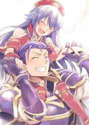 Rule 34 | 1boy, 1girl, armor, blue hair, carrying, closed eyes, father and daughter, fire emblem, fire emblem: the binding blade, fire emblem: the blazing blade, fire emblem heroes, gauntlets, grin, hat, hector (fire emblem), highres, holding hands, lilina (fire emblem), long hair, nakabayashi zun, nintendo, open mouth, red hat, short hair, shoulder armor, shoulder carry, simple background, smile, white background