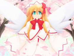 Rule 34 | blonde hair, blush, bow, bowtie, cherry blossoms, dress, fairy, fairy wings, green eyes, hair bow, hat, lily white, para (dachsaria), smile, touhou, white dress, wings