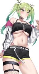 Rule 34 | 1girl, antlers, belt, black choker, black shorts, black tank top, blush, branch, breasts, ceres fauna, choker, cleavage, cosplay, cropped jacket, fishnet thighhighs, fishnets, green hair, hair ornament, highres, hololive, hololive english, horns, jacket, jewelry, large breasts, legwear garter, long hair, long sleeves, looking at viewer, midriff, mole, mole under eye, multicolored hair, navel piercing, o-ring, o-ring choker, piercing, short shorts, shorts, single legwear garter, single thighhigh, skindentation, solo, tank top, thigh strap, thighhighs, tokoyami towa, tokoyami towa (1st costume), tokoyami towa (cosplay), twintails, underboob, virtual youtuber, white belt, white jacket, yellow eyes, yobi (ybpac18)