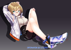 Rule 34 | 1girl, absurdres, blonde hair, blue eyes, breasts, english text, glasses, highres, jacket, large breasts, looking to the side, original, shoes, silenxe, sneakers, solo, thick eyebrows, track jacket