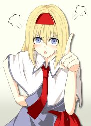 1girl :o absurdres alice_margatroid blonde_hair blue_eyes blush capelet collared_capelet commentary_request cookie_(touhou) grey_shirt hairband highres hinase_(cookie) index_finger_raised leaning_forward looking_at_viewer medium_hair necktie open_mouth puff_of_air red_hairband red_necktie sakuna_brownie shirt solo touhou upper_body v-shaped_eyebrows white_capelet