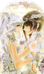 Rule 34 | 2girls, blue eyes, bride, dress, eye contact, flower, gloves, highres, long hair, looking at another, milucky, multiple girls, red hair, ruby rose, rwby, short hair, smile, tearing up, veil, wedding, wedding dress, weiss schnee, white hair, wife and wife, yuri
