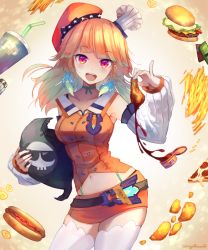 Rule 34 | 1girl, :d, artist name, beret, breasts, burger, chicken (food), collarbone, commentary, cowboy shot, death-sensei (mori calliope), detached sleeves, earrings, english commentary, food, fried chicken, gradient hair, hat, hololive, hololive english, hot dog, jewelry, kfp, long hair, looking at viewer, making-of available, medium breasts, multicolored hair, navel, open mouth, orange hair, pink eyes, pizza, pizza slice, simple background, smile, solo, takanashi kiara, takanashi kiara (1st costume), takuyarawr, thighhighs, virtual youtuber, white thighhighs