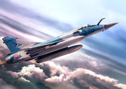 Rule 34 | absurdres, aircraft, airplane, ascending, cloud, drop tank, fighter jet, flying, highres, jet, military, military vehicle, mirage 2000, pilot, sky, solo, vehicle focus, yangmo