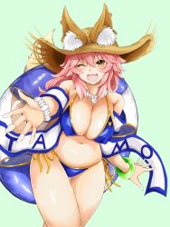 Rule 34 | 1girl, animal ears, bikini, blue bikini, blush, breasts, cleavage, commentary request, covered erect nipples, curvy, fate/grand order, fate (series), fox ears, fox tail, highres, jewelry, large breasts, long hair, looking at viewer, necklace, open mouth, pink hair, plump, ryou (619-619), simple background, smile, solo, swimsuit, tail, tamamo (fate), tamamo no mae (fate/extra), tamamo no mae (swimsuit lancer) (second ascension) (fate), tamamo no mae (swimsuit lancer) (third ascension) (fate), yellow eyes