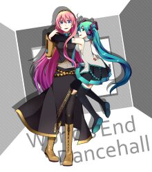 Rule 34 | 2girls, aqua eyes, aqua hair, bare shoulders, blue eyes, detached sleeves, dress, hatsune miku, kogarashi midori, long hair, looking at viewer, megurine luka, multiple girls, open mouth, pink hair, skirt, sleeveless, smile, thighhighs, twintails, very long hair, vocaloid, world&#039;s end dancehall (vocaloid)