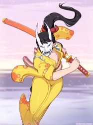 Rule 34 | 1boy, afrobull, black hair, highres, holding, holding sword, holding weapon, horned mask, japanese clothes, kikunojo (one piece), long hair, male focus, mask, nipples, one piece, oni mask, pink sash, sash, solo, sword, trap, watermark, weapon, web address