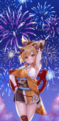 Rule 34 | 1girl, absurdres, arm tattoo, asymmetrical legwear, black gloves, blonde hair, breasts, cherry blossoms, cleavage, clenched teeth, collar, collarbone, commentary request, dot nose, earrings, fingerless gloves, fireworks, forehead, genshin impact, gloves, hair ornament, hair ribbon, hand on own hip, highres, index finger raised, japanese clothes, jewelry, kimono, kimono skirt, kinchaku, legs together, looking at viewer, medium breasts, nail polish, night, night sky, open mouth, orange eyes, orange kimono, orange sleeves, outdoors, parted bangs, pouch, red collar, red nails, ribbon, sarashi, short sleeves, sky, solo, sweetcheese, tattoo, teeth, yoimiya (genshin impact)