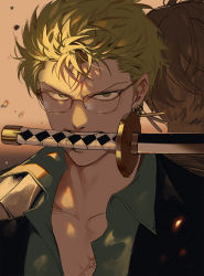 Rule 34 | 1boy, black jacket, collared shirt, earrings, formal, glasses, green hair, green shirt, holding, holding weapon, jacket, jewelry, katana, looking at viewer, male focus, mouth hold, one piece, roronoa zoro, runa (nori31291404), scar, scar on chest, shirt, short hair, solo, sword, teeth hold, upper body, weapon