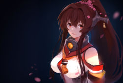 Rule 34 | 10s, 1girl, blue background, breasts, brown eyes, brown hair, cherry blossoms, female focus, flower, gradient background, hair between eyes, hair flower, hair intakes, hair ornament, headgear, highres, kantai collection, large breasts, lipstick, long hair, looking at viewer, makeup, petals, ponytail, red eyes, revision, smile, sola7764, solo, upper body, yamato (kancolle)