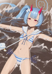 1girl absurdres armpits bag beach bikini blue_archive blue_hair breasts chise_(blue_archive) chise_(swimsuit)_(blue_archive) cleavage collarbone commentary_request flower groin hair_between_eyes hair_flower hair_ornament halo highres horns in_water karadborg long_hair looking_at_viewer lying navel ocean official_alternate_costume official_alternate_hairstyle on_back outdoors outstretched_arms red_eyes shoulder_bag side_ponytail sidelocks skin-covered_horns small_breasts solo spaghetti_strap spread_arms stomach striped_bikini striped_clothes swimsuit