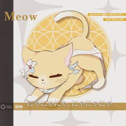 Rule 34 | 1girl, all fours, animal, animal ears, animalization, black border, border, cat, cat ears, cat tail, closed eyes, closed mouth, english text, feathers, flower, genshin impact, grey background, highres, lumine (genshin impact), new gnsn, scarf, solo, standing, star (symbol), starry background, tail, translation request, white flower, white scarf, yellow fur