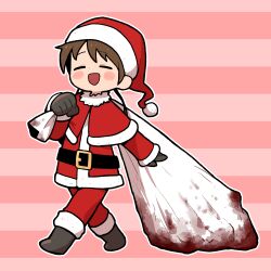 1girl :d belt black_belt black_footwear black_gloves black_hair blood blush_stickers boots buckle capelet christmas closed_eyes fur-trimmed_capelet fur_trim gloves hat highres holding holding_sack jacket open_mouth original pants pink_background red_capelet red_hat red_jacket red_pants sack santa_costume santa_hat smile solo striped_background takurada twintails walking