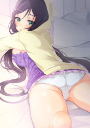 Rule 34 | 10s, 1girl, ass, bad id, bad pixiv id, black hair, blush, breasts, camisole, frills, from behind, green eyes, hood, hoodie, large breasts, long hair, looking at viewer, love live!, love live! school idol festival, love live! school idol project, lying, mirei, on stomach, panties, pantyshot, solo, tojo nozomi, underwear, very long hair, white panties