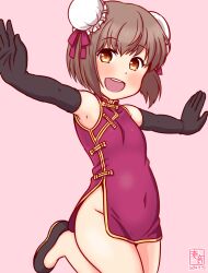 Rule 34 | 1girl, alternate costume, artist logo, black gloves, breasts, brown eyes, brown hair, bun cover, china dress, chinese clothes, dated, double bun, dress, elbow gloves, gloves, hair bun, kanon (kurogane knights), kantai collection, looking at viewer, one-hour drawing challenge, open mouth, outstretched arms, pink background, red dress, round teeth, short hair, simple background, slippers, small breasts, solo, standing, standing on one leg, tan yang (kancolle), teeth, upper teeth only, yukikaze (kancolle)