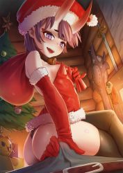 Rule 34 | 1boy, 1girl, alternate costume, ass, black thighhighs, bob cut, bulge, carbon12th, christmas, elbow gloves, erection, erection under clothes, eyeliner, fate/grand order, fate (series), girl on top, gloves, handjob, handjob over clothes, hat, hetero, highres, horns, indoors, makeup, oni, purple eyes, purple hair, red gloves, red headwear, santa costume, santa hat, short hair, shuten douji (fate), sitting, sitting on person, skin-covered horns, solo focus, thighhighs