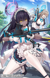 Rule 34 | :d, apron, asuna (blue archive), black footwear, black hair, blue archive, blue eyes, blue halo, blush, breasts, closed mouth, commentary request, dark-skinned female, dark skin, day, gloves, grey hair, gun, hair between eyes, halo, high heels, highres, holding, holding gun, holding weapon, karin (blue archive), large breasts, long hair, maid headdress, official art, open mouth, outdoors, purple halo, short sleeves, skirt, smile, takamine nadare, thighs, weapon, white apron, white gloves, white headwear, wixoss, yellow eyes