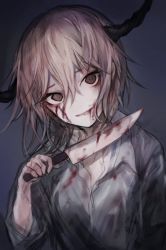 Rule 34 | 1girl, bags under eyes, blood, blood on clothes, blood on face, blue background, female focus, grey hair, grey shirt, grin, hair between eyes, hasunokaeru, holding, holding knife, horns, knife, looking at viewer, messy hair, original, pale skin, shirt, smile, solo, upper body