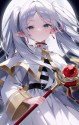 Rule 34 | 1girl, belt, black belt, capelet, closed mouth, dress, elf, frieren, full moon, gem, gold trim, green eyes, hair intakes, highres, holding, holding staff, long sleeves, looking at viewer, moon, night, night sky, parted bangs, pointy ears, red gemstone, sky, solo, sousou no frieren, staff, striped clothes, striped dress, teardrop earrings, twintails, upper body, weri, white capelet, white dress, white hair, wide sleeves