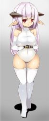 Rule 34 | 1girl, blush, breasts, covered erect nipples, curvy, d:, demon girl, demon horns, elbow gloves, female focus, full body, gloves, gradient background, highres, horns, large breasts, leotard, light purple hair, long hair, looking at viewer, open mouth, original, pointy ears, puffy nipples, red eyes, sawati, solo, standing, thighhighs, wide hips, yuna (sawati)