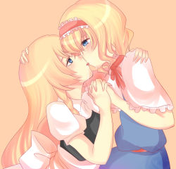 Rule 34 | 2girls, alice margatroid, bad id, bad pixiv id, blonde hair, blue eyes, blush, bow, bowtie, couple, crying, eye contact, female focus, french kiss, hairband, hand on another&#039;s head, hand on another&#039;s shoulder, happy, happy tears, holding hands, interlocked fingers, kirisame marisa, kiss, long hair, looking at another, multiple girls, saliva, short hair, tears, tongue, touhou, uranaishi (miraura), yuri