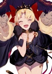 Rule 34 | 1girl, asymmetrical sleeves, azarashi ball, black cape, black dress, black leotard, black sleeves, blonde hair, blush, bow, cape, closed eyes, commentary request, crown, dress, earrings, ereshkigal (fate), fate/grand order, fate (series), forehead, fur-trimmed cape, fur trim, gluteal fold, hair bow, happy, highres, hoop earrings, jewelry, leotard, leotard under clothes, long hair, open mouth, parted bangs, red bow, simple background, single sleeve, skull, smile, solo, spine, thighs, two side up, uneven sleeves, very long hair, white background
