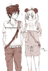 Rule 34 | 1boy, 1girl, animal ears, ao no exorcist, bad id, bad pixiv id, blush, cardigan, casual, chain, collared shirt, dot nose, fake animal ears, feet out of frame, hands in pockets, hat, headband, kasai, map, monochrome, moriyama shiemi, mouse ears, okumura rin, pointy ears, shirt, short hair, simple background, snort, strap, top hat, translation request, white background