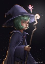 Rule 34 | 2girls, aki (akistrike), artist name, berserk, closed mouth, commentary, english commentary, fairy, fairy wings, glowing, green eyes, green hair, hat, highres, holding, holding staff, ivalera, multiple girls, pink hair, pouch, schierke (berserk), staff, twitter username, wings, witch, witch hat