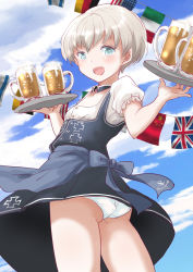 Rule 34 | 1girl, alcohol, american flag, anchor symbol, apron, ass, beer, beer mug, blue apron, blue dress, blue eyes, blue sky, cloud, cowboy shot, cup, day, dirndl, dress, flat chest, fuji (pixiv24804665), german clothes, german flag, highres, holding, holding tray, israeli flag, italian flag, kantai collection, looking at viewer, looking back, mug, official alternate costume, panties, people&#039;s republic of china flag, pinafore dress, shirt, short hair, short sleeves, sky, sleeveless dress, solo, string of flags, tray, underwear, union jack, waitress, white hair, white panties, white shirt, z1 leberecht maass (kancolle)