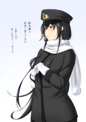 Rule 34 | 10s, 1girl, brown eyes, commentary request, female admiral (kancolle), gradient background, hat, highres, kantai collection, long hair, mittens, niwatazumi, pom pom (clothes), scarf, sidelocks, solo, tatebayashi sakurako, translation request, uniform