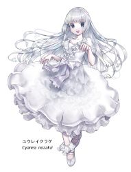Rule 34 | 1girl, ankle cuffs, blue eyes, bow, dress, dress bow, frilled dress, frills, full body, gya, highres, layered dress, long hair, looking at viewer, mary janes, open mouth, original, personification, puffy short sleeves, puffy sleeves, see-through, see-through sleeves, shoes, short sleeves, solo, waist bow, white background, white bow, white dress, white footwear, white hair