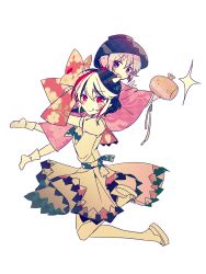 Rule 34 | 2girls, :d, black hair, blue neckerchief, blush stickers, bowl, bowl hat, carrying, carrying over shoulder, commentary request, cone horns, floral print, full body, hat, horns, japanese clothes, kijin seija, kimono, looking at viewer, miracle mallet, multicolored hair, multiple girls, neckerchief, nr (cmnrr), open mouth, puffy short sleeves, puffy sleeves, purple eyes, purple hair, red eyes, red hair, sandals, sash, short hair, short sleeves, smile, socks, streaked hair, sukuna shinmyoumaru, tongue, tongue out, touhou, transparent background, v, white hair, wide sleeves