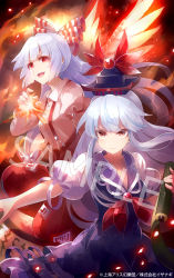 Rule 34 | 2girls, 60mai, arm up, blue dress, blue hair, blue headwear, bow, closed mouth, collar, dress, eyes visible through hair, fire, fujiwara no mokou, gem, hair between eyes, hair bow, hand up, hands up, hat, jewelry, jumping, kamishirasawa keine, long hair, long sleeves, multicolored bow, multiple girls, open mouth, orange eyes, pants, phoenix wings, puffy short sleeves, puffy sleeves, purple collar, red bow, red eyes, red neckwear, red pants, scroll, shirt, short sleeves, smile, standing, touhou, white bow, white collar, white hair, white shirt, white sleeves, wings