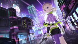 Rule 34 | 2girls, antenna hair, asymmetrical sleeves, black footwear, black shorts, breasts, building, capelet, car, city lights, cityscape, detached sleeves, dutch angle, gloves, gris (vertigris), highres, holding, holding sword, holding weapon, indie virtual youtuber, kyuuon (vtuber), light brown hair, light trail, looking at viewer, low ponytail, motor vehicle, multiple girls, night, original, pantyhose, people, purple eyes, purple pantyhose, shirt, short shorts, shorts, single leg pantyhose, skyscraper, sleeveless, sleeveless shirt, small breasts, solo focus, standing, sword, uneven sleeves, vending machine, vertigris, virtual youtuber, weapon, white gloves, white shirt