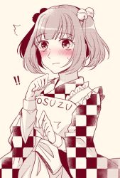 Rule 34 | !, !!, 1girl, ^^^, apron, bell, blush, checkered clothes, checkered kimono, clothes writing, eyelashes, frilled apron, frills, hair bell, hair ornament, halftone, hand up, japanese clothes, jingle bell, kaede (mmkeyy), kimono, long sleeves, monochrome, motoori kosuzu, open mouth, red theme, simple background, solo, sweat, touhou, two side up, undershirt, upper body, wide sleeves