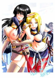 Rule 34 | 2girls, belt, black hair, blonde hair, blush, breast slip, breasts, cleavage, cosplay, elbow gloves, elf, genshiken, gloves, hug, kasukabe saki, kon-kit, large breasts, leaning forward, midriff, mole, mole under eye, multiple girls, nipples, one breast out, oono kanako, open clothes, open mouth, open shirt, pantyhose, pointy ears, record of lodoss war, shirt, skirt, surprised, sweat, sword, thighhighs, weapon, whip, zettai ryouiki