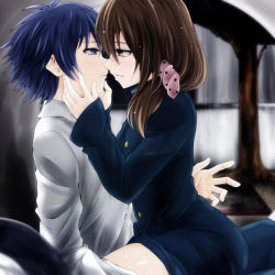 Rule 34 | 1boy, 1girl, blue eyes, blue hair, brown eyes, brown hair, eye contact, from side, gotoba sora, hair ornament, hair scrunchie, hands on another&#039;s face, hetero, highres, imminent kiss, innocent red, long hair, long sleeves, looking at another, original, parted lips, polka dot, profile, sanada tatsuki, scrunchie, shirt, sitting, sitting on lap, sitting on person, watarui, white shirt