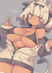 Rule 34 | 1girl, animal ears, bikini, black bikini, black hair, blue eyes, breasts, chinese zodiac, cleavage, closed mouth, cow ears, cow girl, cow horns, cow tail, dark-skinned female, dark skin, grey background, hair ribbon, highres, horns, jacket, large breasts, long sleeves, looking at viewer, medium hair, multicolored hair, navel, off shoulder, open clothes, open jacket, original, ribbon, simple background, solo, swimsuit, tail, thighhighs, w, white hair, white jacket, white thighhighs, year of the ox, yuzuki gao