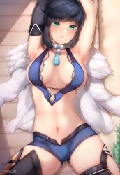 Rule 34 | 1girl, armpits, artist name, black hair, blue shorts, breasts, feather-trimmed jacket, female focus, from above, genshin impact, green eyes, highres, kimoshi, large breasts, looking at viewer, lying, mole, mole on breast, navel, on back, parted lips, short hair, shorts, solo, yelan (genshin impact)