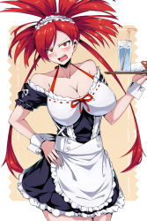 Rule 34 | 1girl, alternate costume, angry, apron, breasts, cleavage, collarbone, cowboy shot, creatures (company), cup, curry, curry rice, dress, drinking glass, drinking straw, embarrassed, enmaided, eyes visible through hair, female focus, flannery (pokemon), food, frilled dress, frills, game freak, gym leader, halterneck, hand on own hip, highres, holding, holding tray, looking at viewer, maid, maid headdress, matching hair/eyes, nintendo, open mouth, pokemon, pokemon rse, red eyes, red hair, rice, shimure (460), solo, standing, swept bangs, tray, waist apron, wrist cuffs