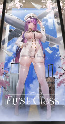 Rule 34 | 1girl, absurdres, aircraft, airplane, blunt bangs, breasts, cherry blossoms, commentary, english commentary, english text, fern (sousou no frieren), full body, gluteal fold, hand on own hip, hand up, hat, highres, jacket, large breasts, long hair, long sleeves, looking at viewer, nail polish, paper airplane, purple eyes, purple hair, purple nails, rolling suitcase, solo, sousou no frieren, standing, suitcase, teddy (khanshin), thick thighs, thighhighs, thighs, white hat, white jacket, white thighhighs