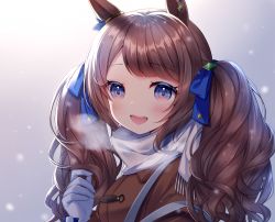 Rule 34 | 1girl, animal ears, blue eyes, blush, breath, brown coat, brown hair, coat, commentary, dot nose, gloves, haruhitooo, highres, horse ears, long hair, looking at viewer, open mouth, scarf, sidelighting, smile, snow, solo, tosen jordan (umamusume), twintails, umamusume, upper body, white gloves