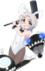 Rule 34 | 1girl, absurdres, abyssal ship, animal ears, black bow, black bowtie, black pantyhose, bow, bowtie, breasts, brown eyes, covered navel, detached collar, enemy aircraft (kancolle), fake animal ears, fake tail, fishnet pantyhose, fishnets, full body, glasses, grey hair, hairband, highres, hirato (kancolle), junes, kantai collection, kine, leotard, mallet, pantyhose, playboy bunny, rabbit ears, rabbit tail, shoes, short hair, simple background, small breasts, solo, strapless, strapless leotard, tail, wavy hair, white background, white footwear, white leotard, wing collar, wrist cuffs